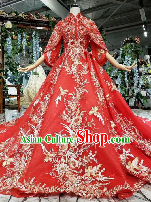 Chinese Customize Embroidered Court Red Trailing Wedding Dress Top Grade Bride Costume for Women