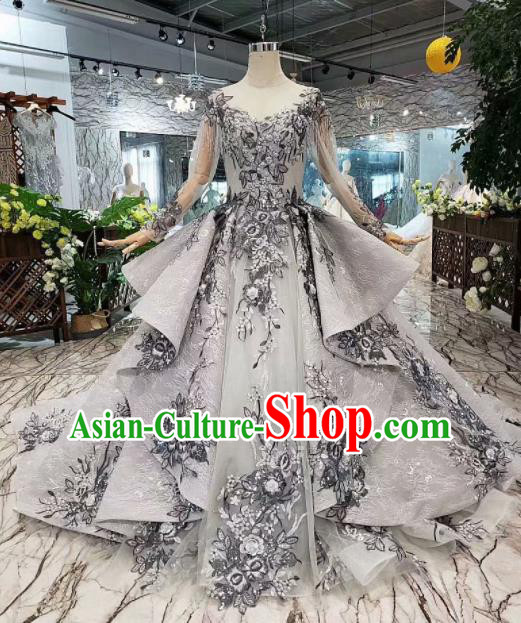 Customize Embroidered Grey Veil Trailing Full Dress Top Grade Court Princess Waltz Dance Costume for Women