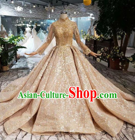 Customize Embroidered Golden Trailing Full Dress Top Grade Court Princess Waltz Dance Costume for Women