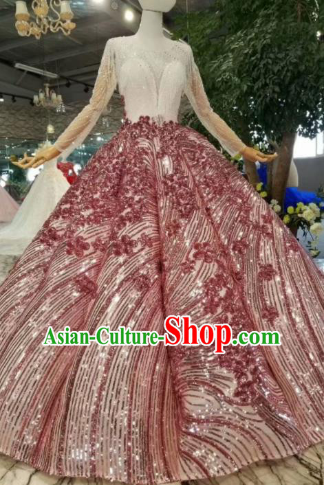 Customize Embroidered Red Sequins Full Dress Top Grade Court Princess Waltz Dance Costume for Women