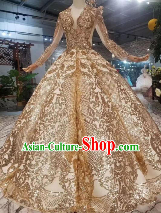 Customize Embroidered Golden Trailing Full Dress Top Grade Court Princess Waltz Dance Costume for Women