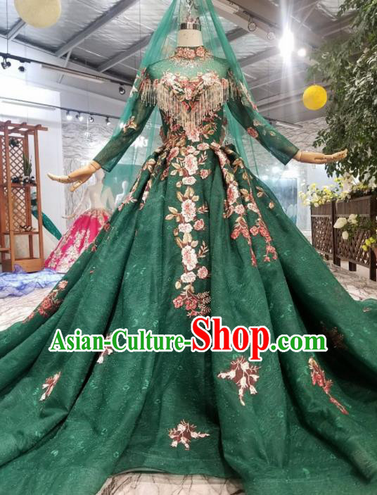 Customize Embroidered Green Veil Trailing Full Dress Top Grade Court Princess Waltz Dance Costume for Women