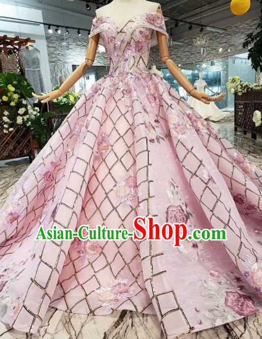 Customize Embroidered Pink Veil Trailing Full Dress Top Grade Court Princess Waltz Dance Costume for Women