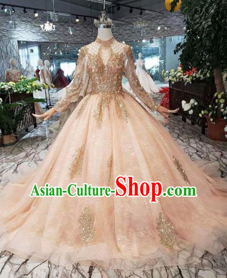 Customize Embroidered Beads Pink Trailing Full Dress Top Grade Court Princess Waltz Dance Costume for Women