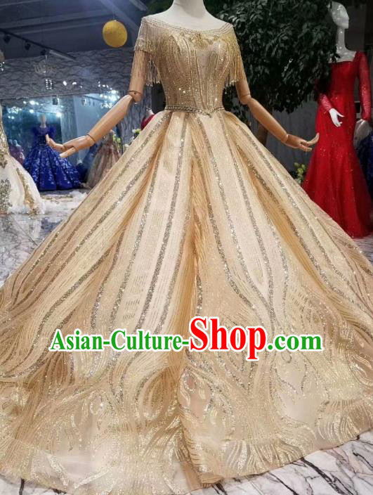 Customize Embroidered Beads Champagne Trailing Full Dress Top Grade Court Princess Waltz Dance Costume for Women