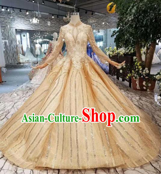 Customize Embroidered Beads Golden Trailing Full Dress Top Grade Court Princess Waltz Dance Costume for Women