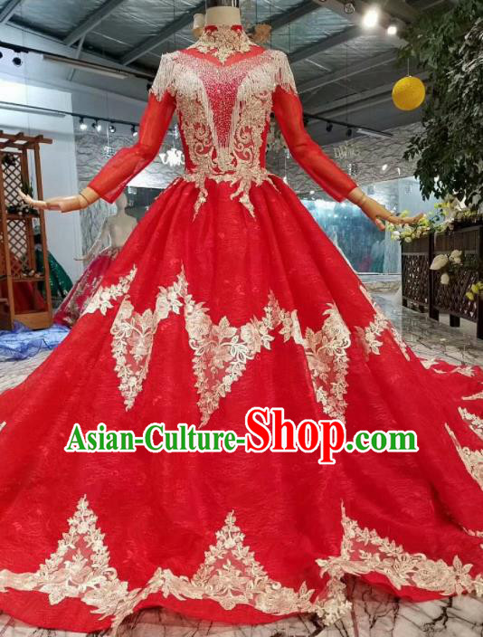 Top Grade Customize Red Full Dress Court Princess Waltz Dance Costume for Women