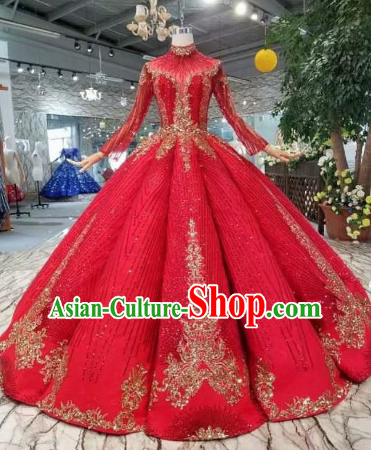 Top Grade Customize Catwalks Red Full Dress Court Princess Waltz Dance Costume for Women