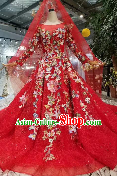 Top Grade Customize Catwalks Red Veil Trailing Full Dress Court Princess Waltz Dance Costume for Women