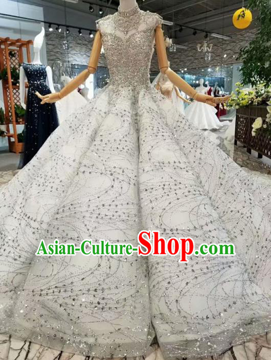 Top Grade Customize Modern Fancywork Grey Veil Trailing Full Dress Court Princess Waltz Dance Costume for Women