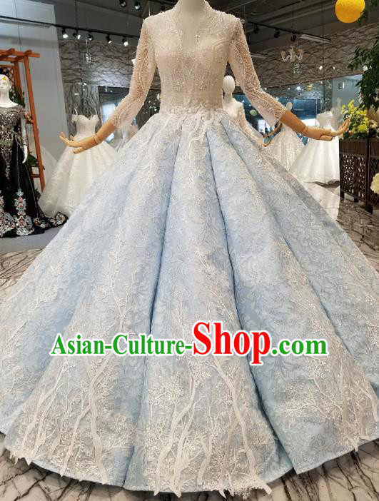 Customize Handmade Princess Embroidered Blue Dress Wedding Court Bride Costume for Women