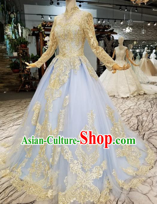 Customize Modern Fancywork Court Blue Full Dress Top Grade Waltz Dance Costume for Women