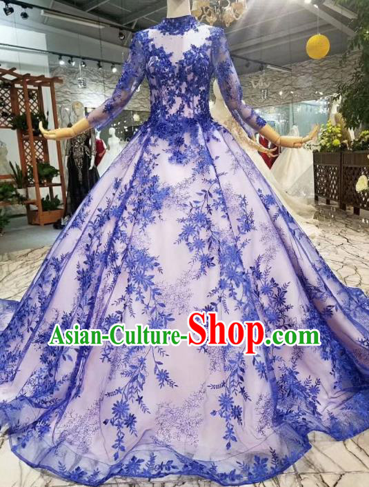 Top Grade Customize Modern Fancywork Blue Veil Full Dress Court Princess Waltz Dance Costume for Women