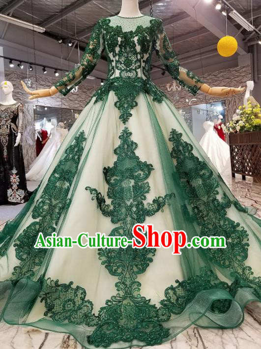 Top Grade Customize Modern Fancywork Atrovirens Lace Full Dress Court Princess Waltz Dance Costume for Women