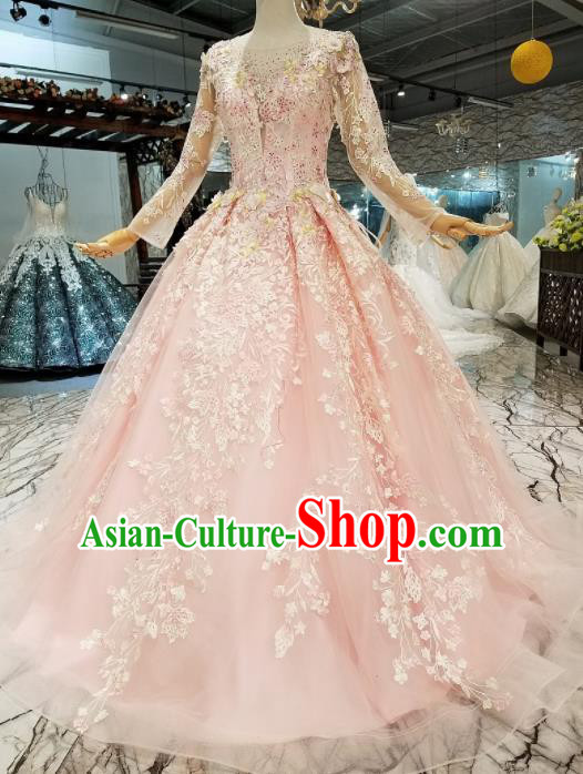 Customize Modern Fancywork Pink Lace Full Dress Top Grade Waltz Dance Costume for Women