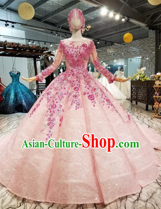 Customize Modern Fancywork Pink Trailing Full Dress Top Grade Waltz Dance Costume for Women