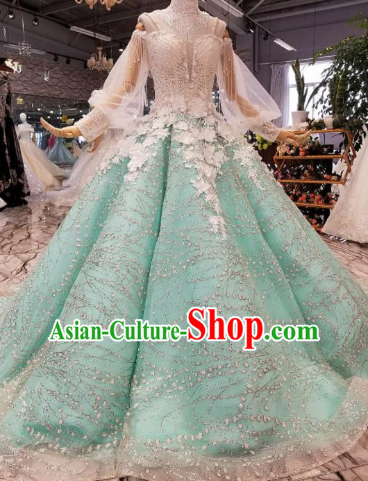 Customize Modern Fancywork Green Trailing Full Dress Top Grade Waltz Dance Costume for Women