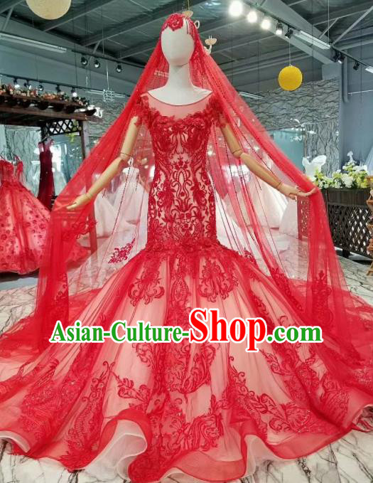 Top Grade Modern Fancywork Red Fishtail Full Dress Customize Waltz Dance Costume for Women