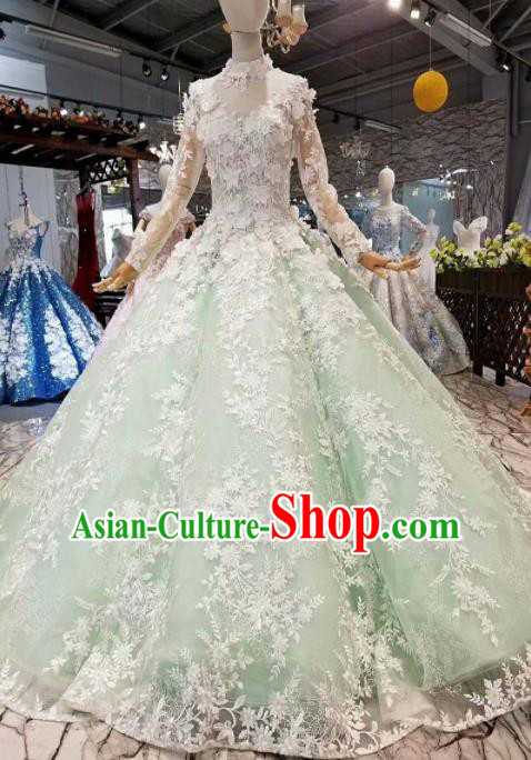 Top Grade Modern Fancywork Light Green Full Dress Customize Waltz Dance Costume for Women