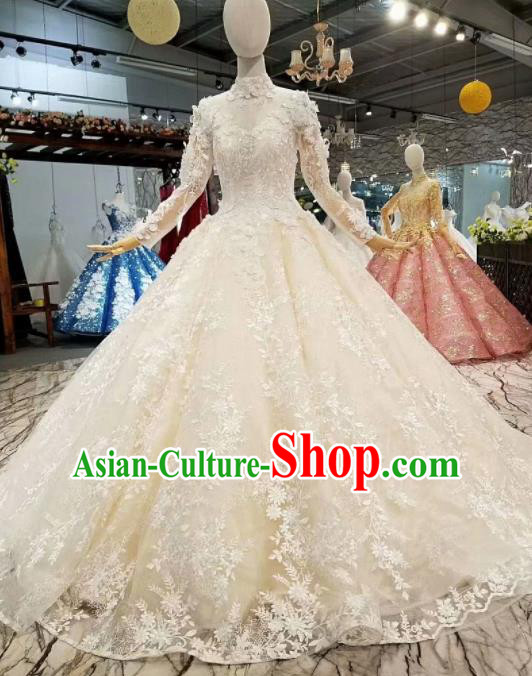 Top Grade Modern Fancywork Beige Full Dress Customize Waltz Dance Costume for Women