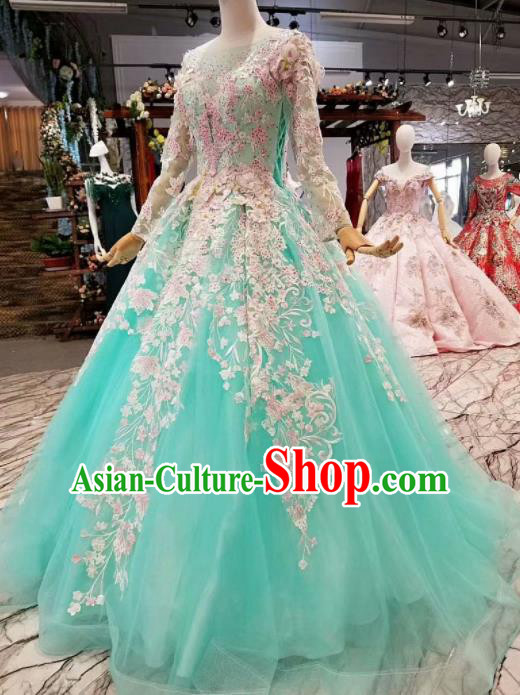 Top Grade Modern Fancywork Green Veil Full Dress Customize Waltz Dance Costume for Women