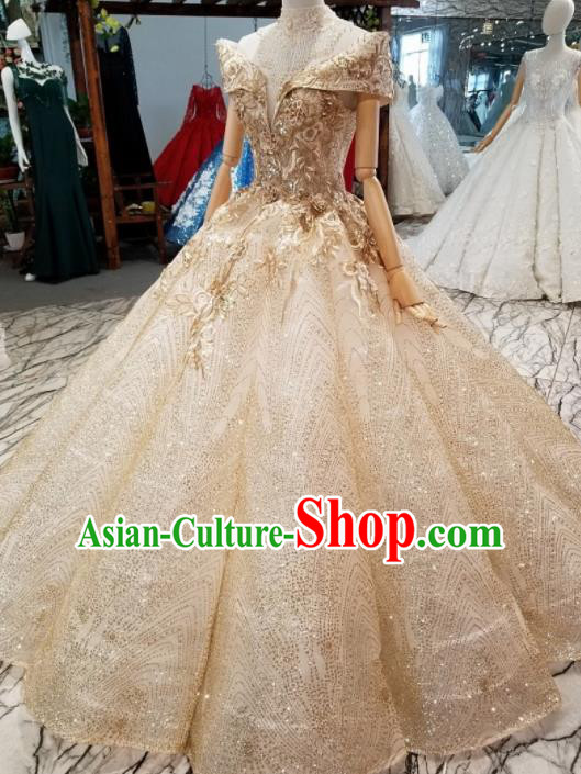 Top Grade Modern Fancywork Embroidered Champagne Full Dress Customize Waltz Dance Costume for Women