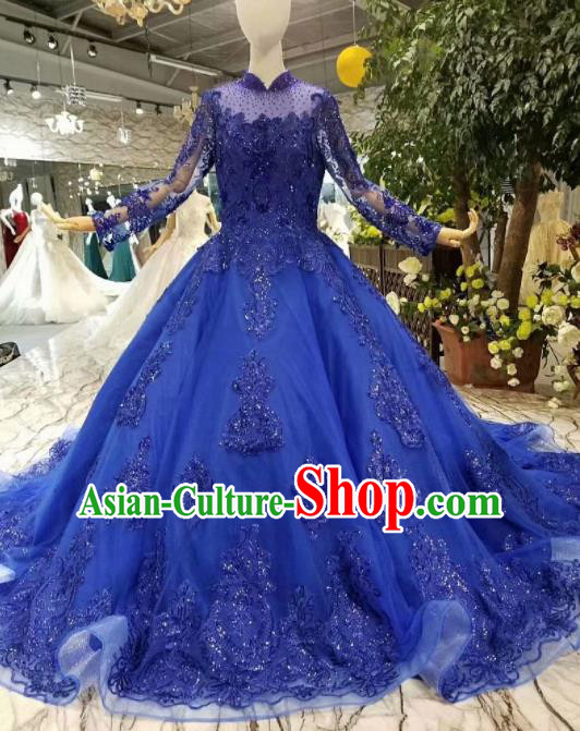 Top Grade Modern Fancywork Embroidered Royalblue Full Dress Customize Waltz Dance Costume for Women