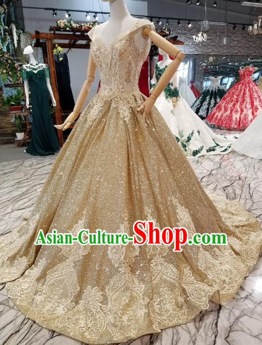 Top Grade Modern Fancywork Embroidered Golden Full Dress Customize Waltz Dance Costume for Women