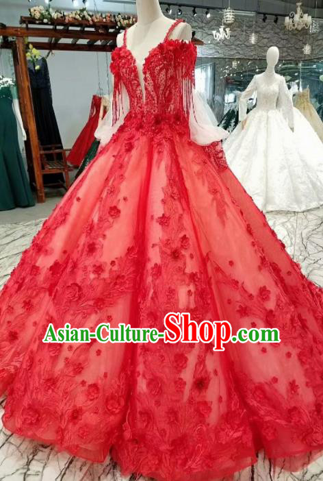 Top Grade Modern Fancywork Red Veil Full Dress Customize Waltz Dance Costume for Women