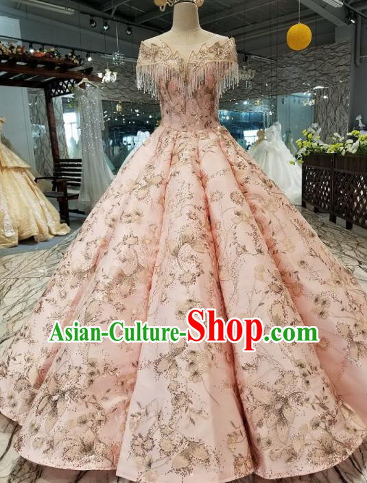 Top Grade Pink Full Dress Customize Modern Fancywork Princess Waltz Dance Costume for Women
