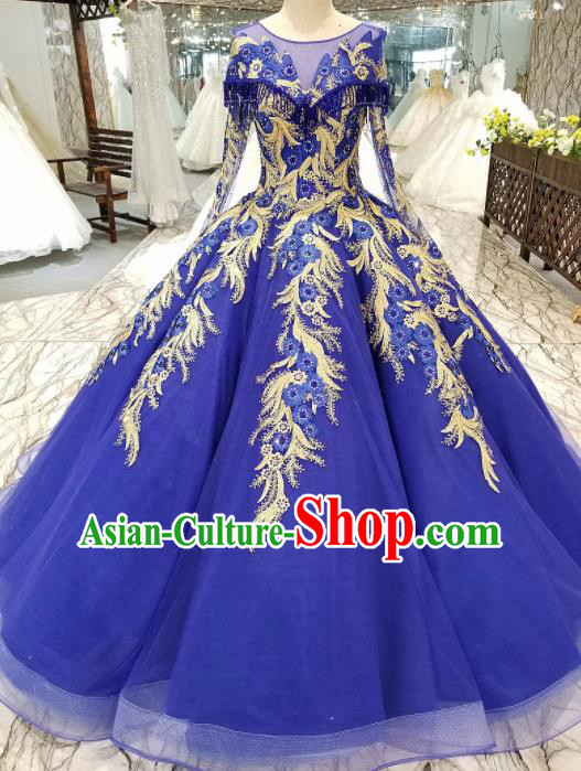 Top Grade Royalblue Veil Full Dress Customize Modern Fancywork Princess Waltz Dance Costume for Women