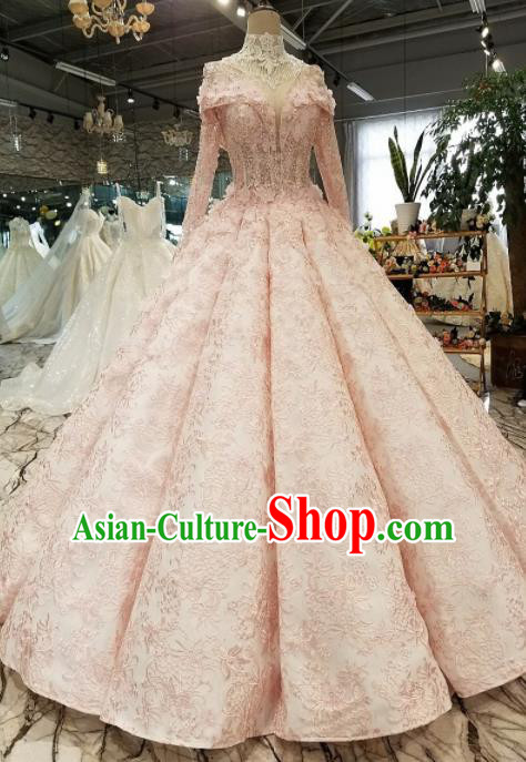 Top Grade Pink Lace Full Dress Customize Modern Fancywork Princess Waltz Dance Costume for Women