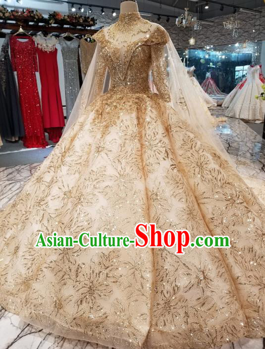 Top Grade Golden Trailing Full Dress Customize Modern Fancywork Princess Waltz Dance Costume for Women