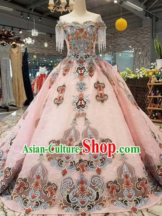 Top Grade Embroidered Pink Trailing Full Dress Customize Modern Fancywork Princess Waltz Dance Costume for Women