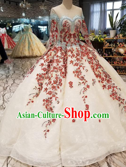 Top Grade Embroidered White Trailing Full Dress Customize Modern Fancywork Princess Waltz Dance Costume for Women