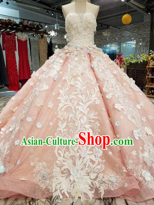 Top Grade Embroidered Pink Trailing Full Dress Customize Modern Fancywork Princess Waltz Dance Costume for Women