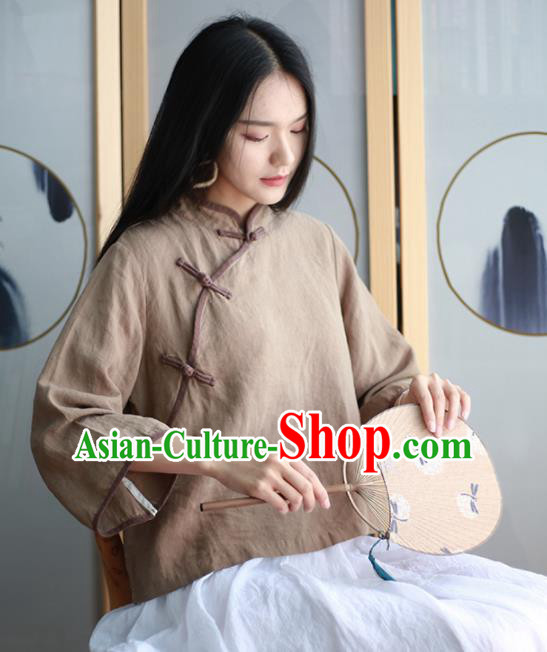 Chinese Traditional National Costume Brown Linen Blouse Tang Suit Upper Outer Garment for Women