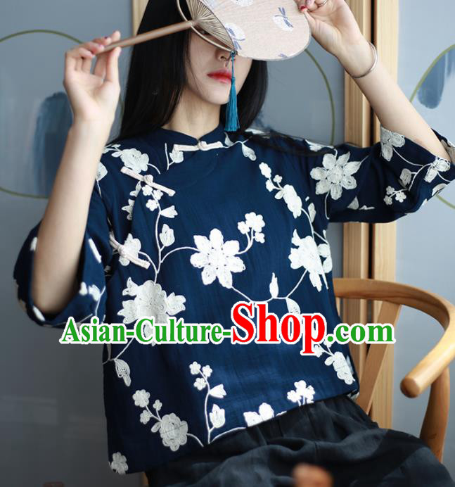 Chinese Traditional National Costume Embroidered Navy Blouse Tang Suit Upper Outer Garment for Women