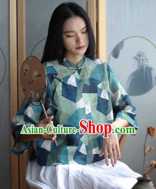 Chinese Traditional National Costume Green Linen Blouse Tang Suit Upper Outer Garment for Women