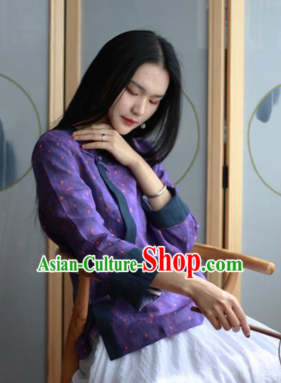 Chinese Traditional National Costume Purple Linen Blouse Tang Suit Upper Outer Garment for Women