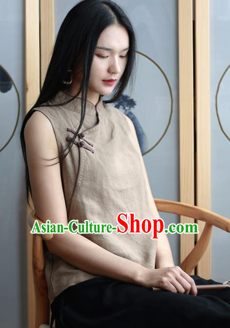 Chinese Traditional National Costume Khaki Linen Vest Tang Suit Upper Outer Garment for Women