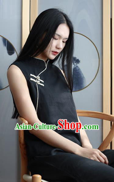 Chinese Traditional National Costume Black Linen Vest Tang Suit Upper Outer Garment for Women