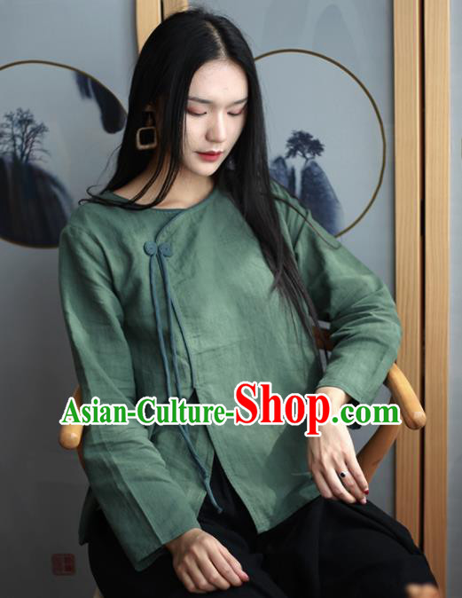 Chinese Traditional National Costume Green Linen Blouse Tang Suit Upper Outer Garment for Women