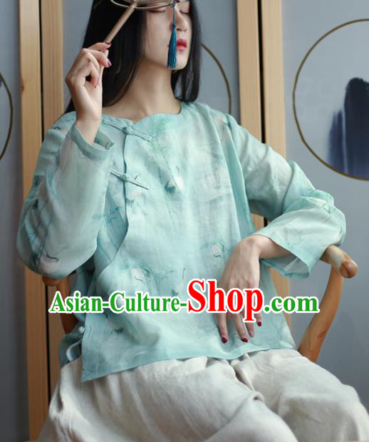 Chinese Traditional National Costume Light Blue Blouse Tang Suit Upper Outer Garment for Women