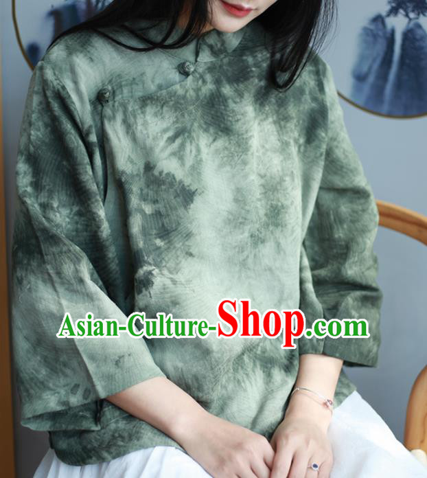 Chinese Traditional National Costume Printing Olive Green Blouse Tang Suit Upper Outer Garment for Women