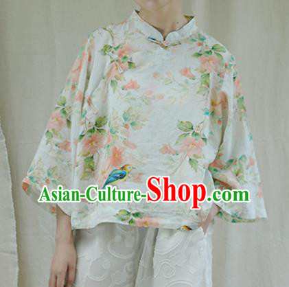 Chinese Traditional National Costume Printing White Shirt Tang Suit Upper Outer Garment for Women