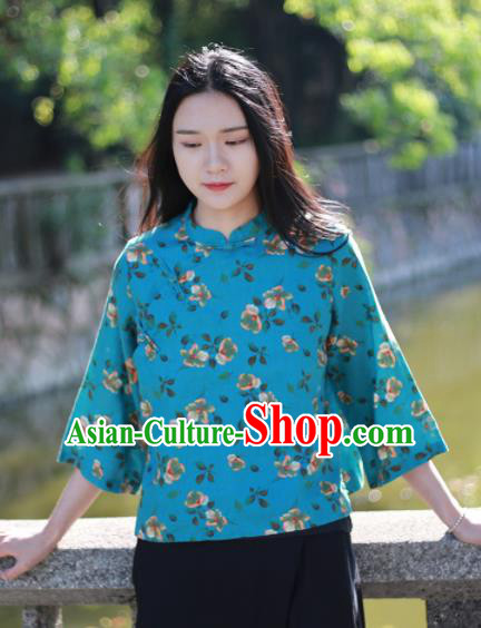 Chinese Traditional National Costume Printing Flowers Blue Shirt Tang Suit Upper Outer Garment for Women