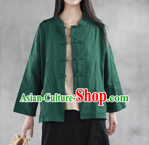 Chinese Traditional National Costume Green Linen Shirt Tang Suit Upper Outer Garment for Women
