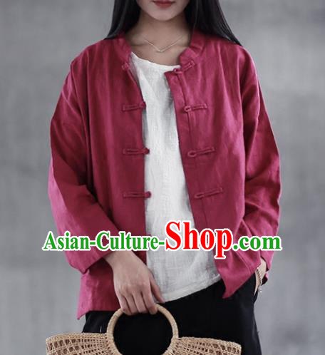 Chinese Traditional National Costume Wine Red Linen Shirt Tang Suit Upper Outer Garment for Women