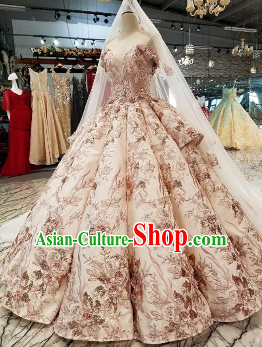 Top Grade Embroidered Flat Shouders Full Dress Customize Modern Fancywork Princess Waltz Dance Costume for Women